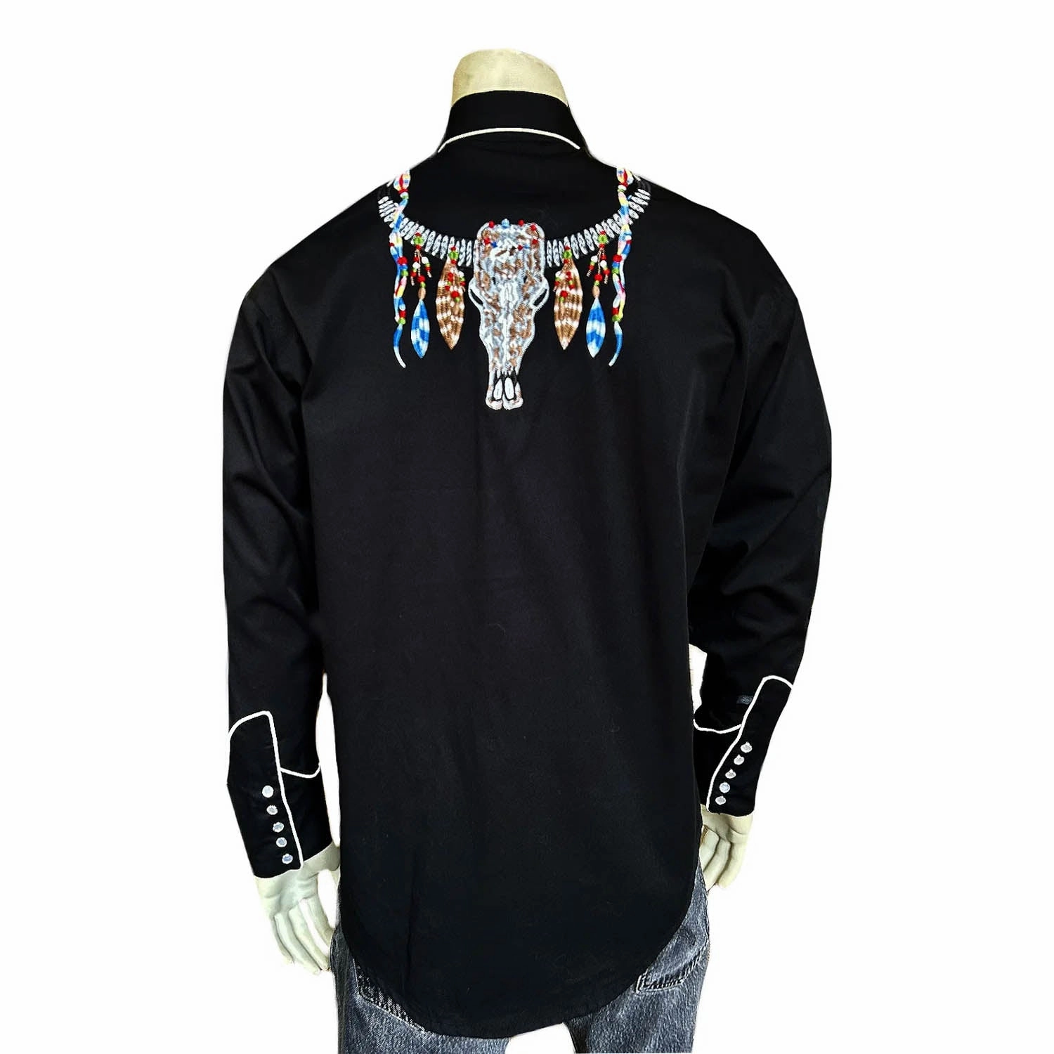 Chic Option Round Collar Rockmount Mens Steer Skulls with Feathers Black 100% Cotton L/S Shirt