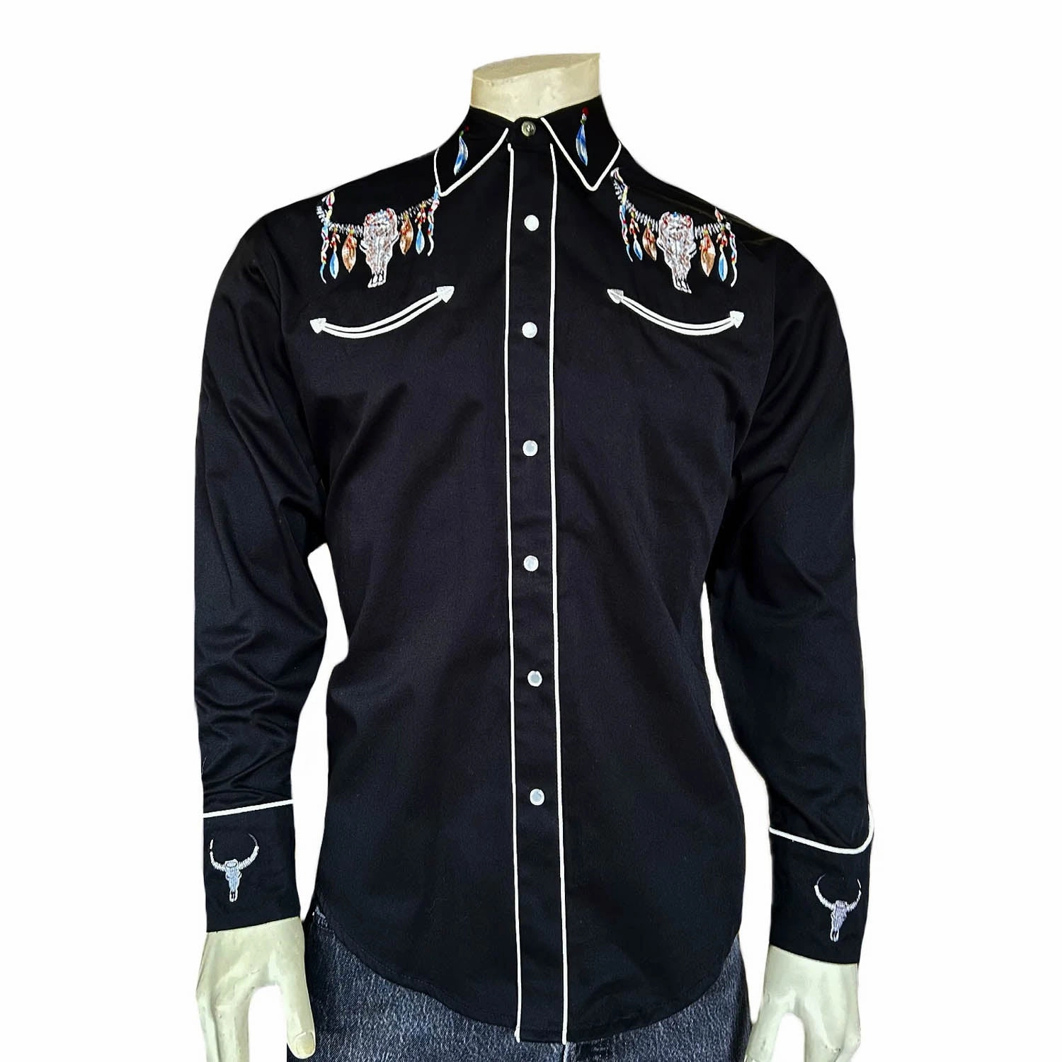 Soft Collar Design Flexible Placket Structure Rockmount Mens Steer Skulls with Feathers Black 100% Cotton L/S Shirt