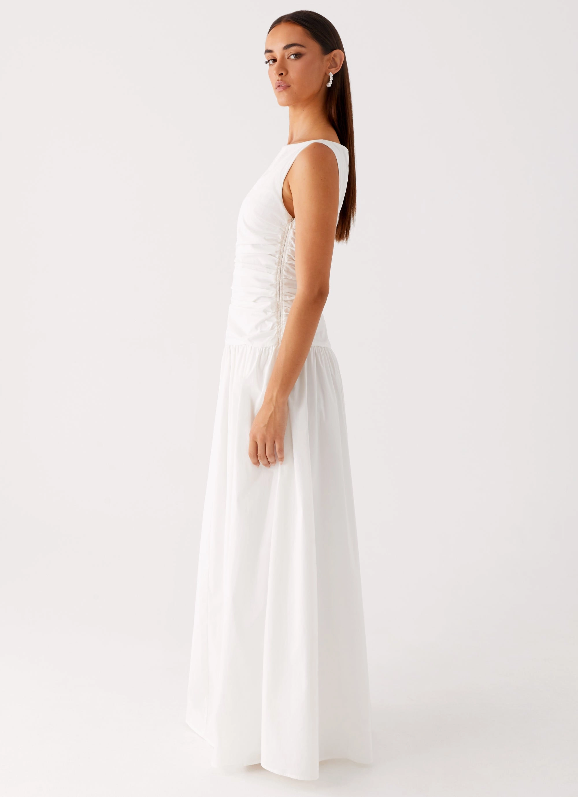 Carmel High Neck Maxi Dress - White Soft Pleats