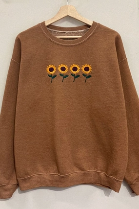 Silky Touch Sunflowers Embroidered Sweatshirt S-XL Basic Wear Sunflowers Embroidered Sweatshirt S-XL
