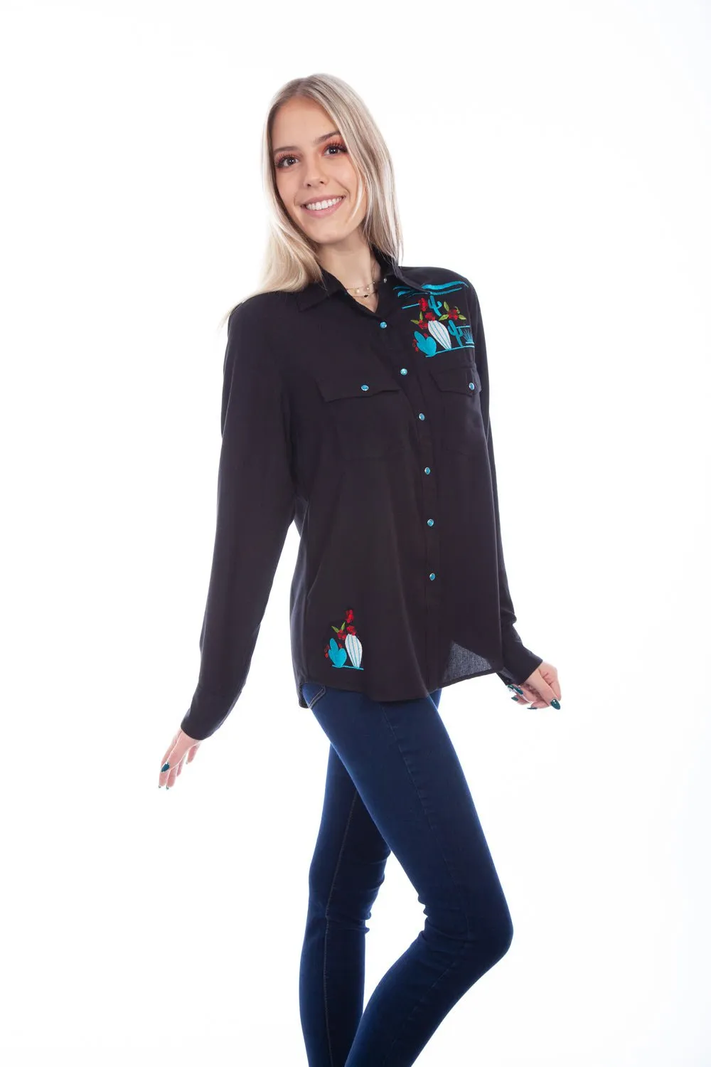 Scully Womens Cactus Embroidered Black 100% Viscose L/S Shirt Everyday Gym Ready