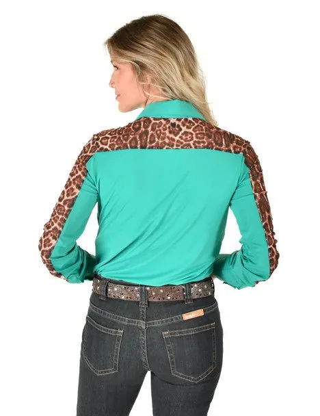 Multi Functional Pockets Pullover Design Cowgirl Tuff Womens Sheer Leopard Turquoise Poly/Spandex L/S Shirt