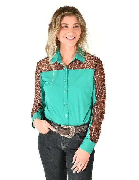 Cowgirl Tuff Womens Sheer Leopard Turquoise Poly/Spandex L/S Shirt Bold Hue