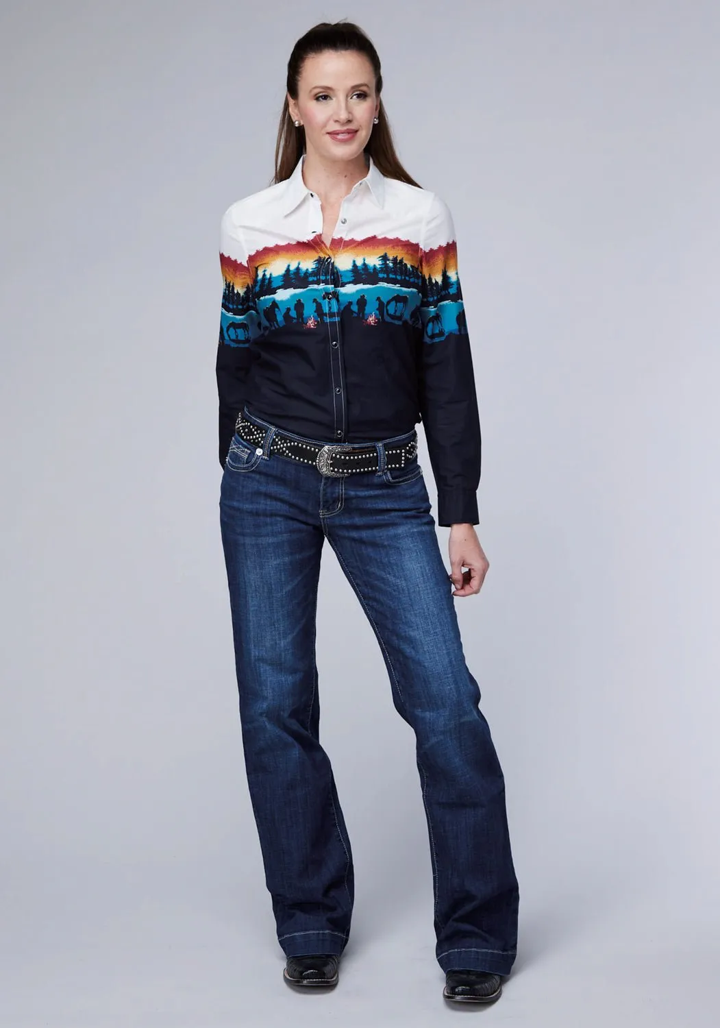Roper Womens Lakeside Camp Border Black 100% Cotton L/S Shirt No Chafe Edging Graduation Attire