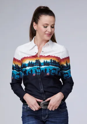 Simple Silhouette Roper Womens Lakeside Camp Border Black 100% Cotton L/S Shirt Casual Comfort Roper Womens Lakeside Camp Border Black 100% Cotton L/S Shirt