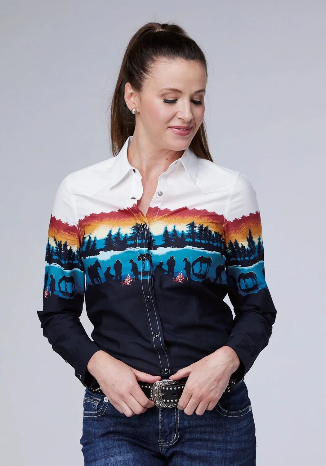Casual Comfort Roper Womens Lakeside Camp Border Black 100% Cotton L/S Shirt