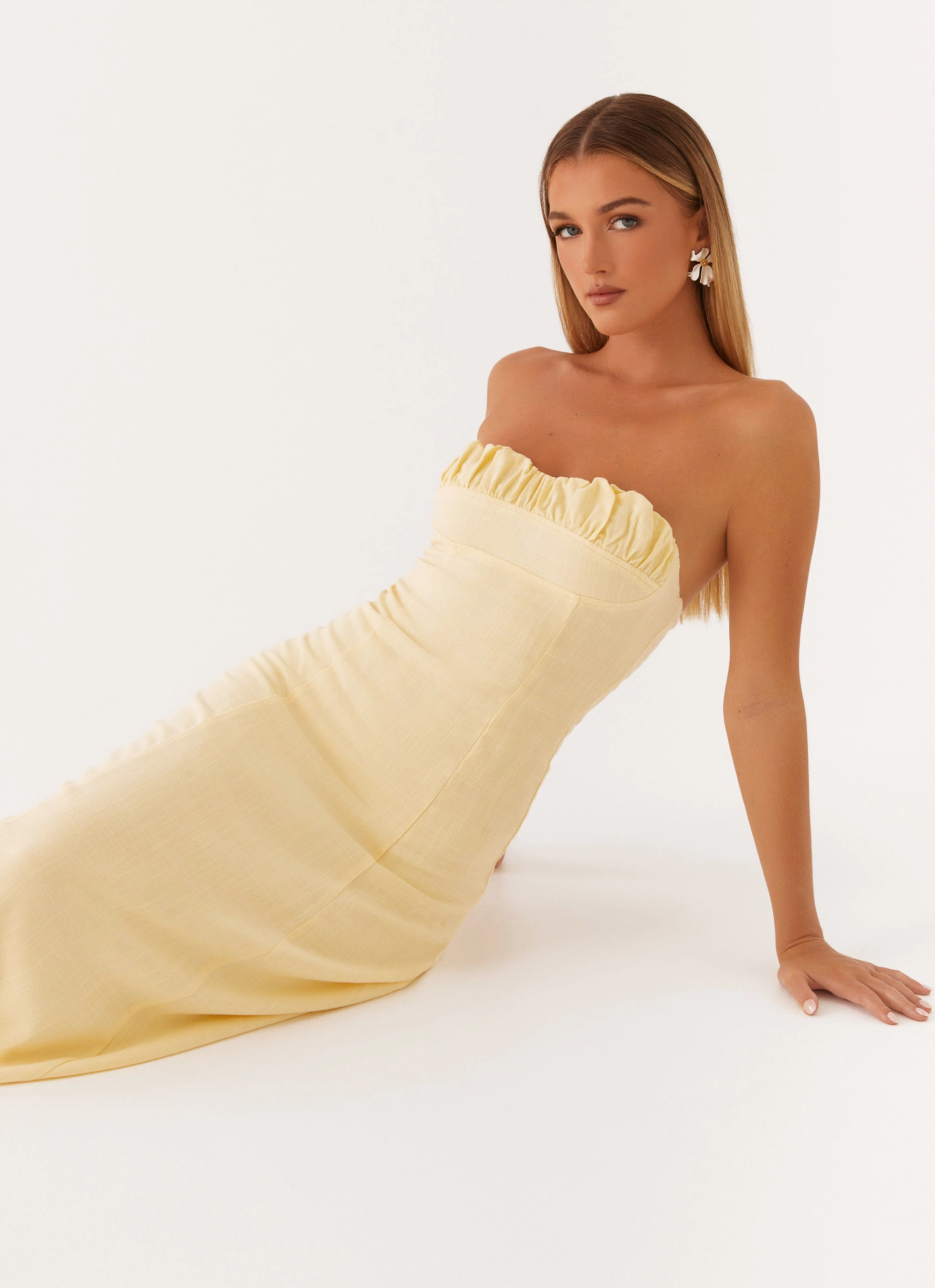 Tayla Linen Maxi Dress - Yellow Quilted-Texture