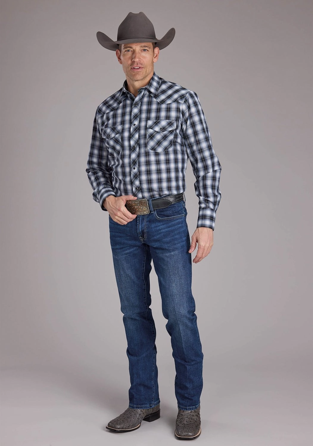 Roper Mens 2407 Plaid Black/White Cotton Blend L/S Shirt Striped Design Weekend Vibes