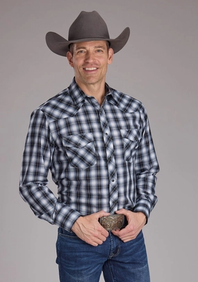 Simple Fit Roper Mens 2407 Plaid Black/White Cotton Blend L/S Shirt BBQ Party Roper Mens 2407 Plaid Black/White Cotton Blend L/S Shirt