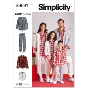 Simplicity Sewing Pattern S9691 Girls', Boys' and Adults' Lounge Shirt, Cardigan, Shorts and Joggers