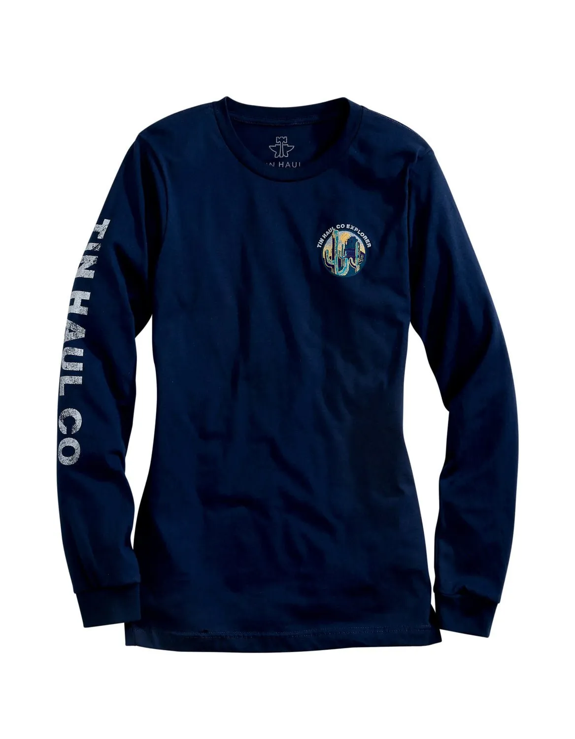 Travel Outfit Evening Stroll Minimalist Tin Haul Womens Blue 100% Cotton Explorer Logo L/S T-Shirt