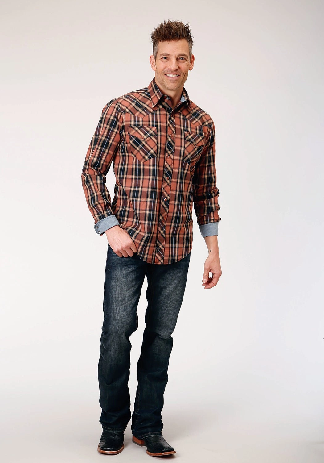 Roper Mens Arrow Dobby Plaid Brown 100% Cotton L/S Shirt Hooded Neckline Bold Graphics