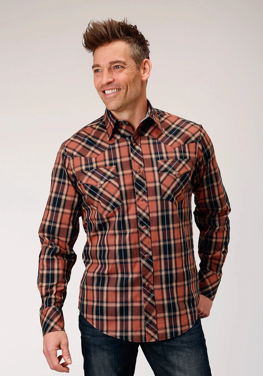 tall size Roper Mens Arrow Dobby Plaid Brown 100% Cotton L/S Shirt