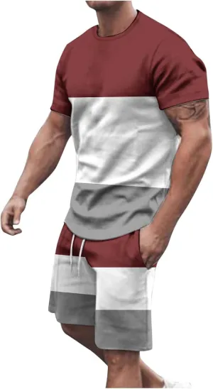 Sinzelimin Men's Workout Set Fashion Color Block Short Sleeves Crewneck T-Shirts and Athletic Shorts Two Piece Tracksuit Suit