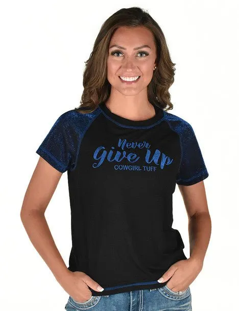 Reinforced Elasticity Cowgirl Tuff Womens Never Give Up Shimmer Blue Nylon S/S T-Shirt