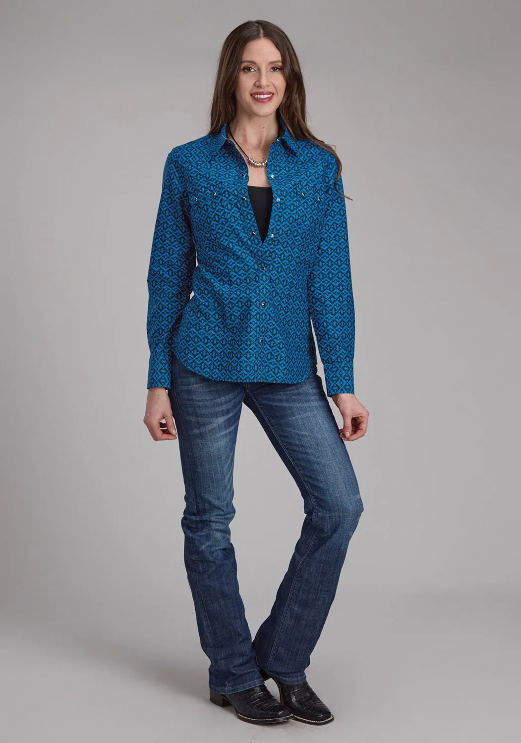 ethical fashion Minimalist Design Roper Womens 2181 Aztec Tile Blue 100% Cotton L/S Shirt