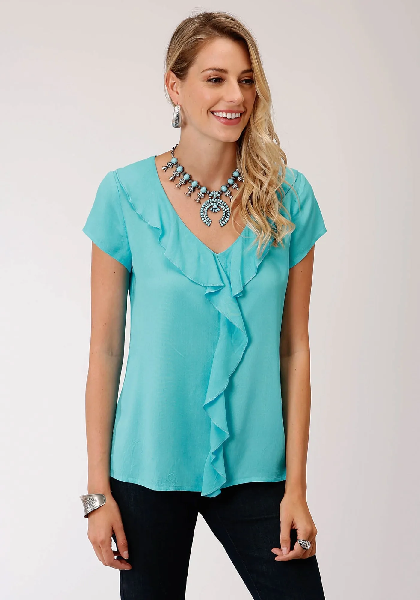 Roper Womens Aqua Blue Rayon/Nylon V-Neck Ruffle S/S Tunic Wardrobe Staple Luxurious Feel