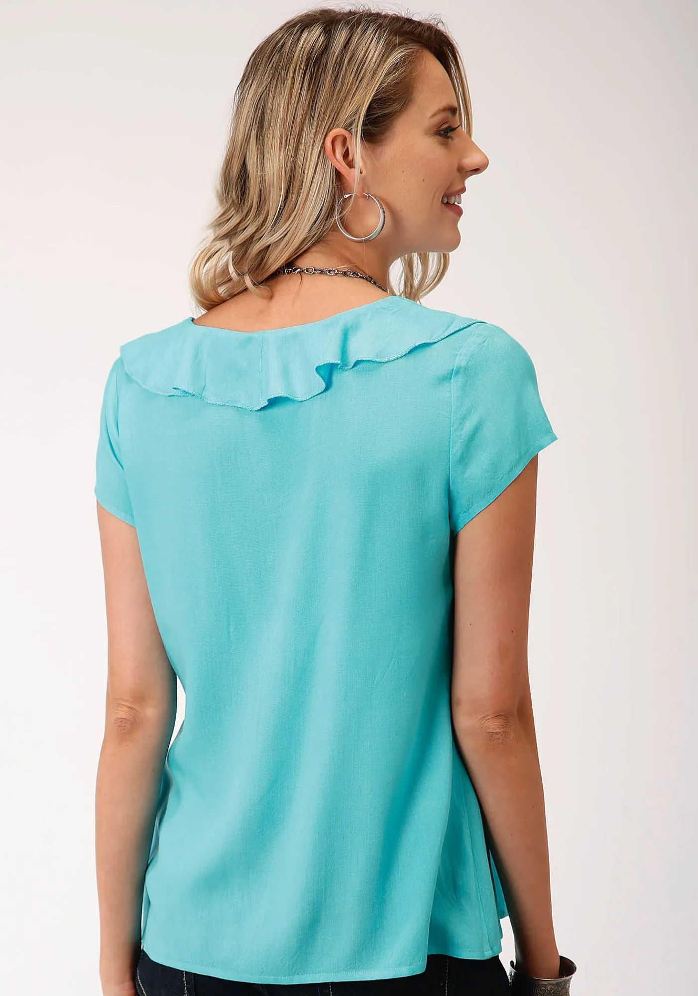 Roper Womens Aqua Blue Rayon/Nylon V-Neck Ruffle S/S Tunic Sporty Appeal