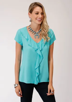 skin friendly Roper Womens Aqua Blue Rayon/Nylon V-Neck Ruffle S/S Tunic Roper Womens Aqua Blue Rayon/Nylon V-Neck Ruffle S/S Tunic Wardrobe Staple Luxurious Feel