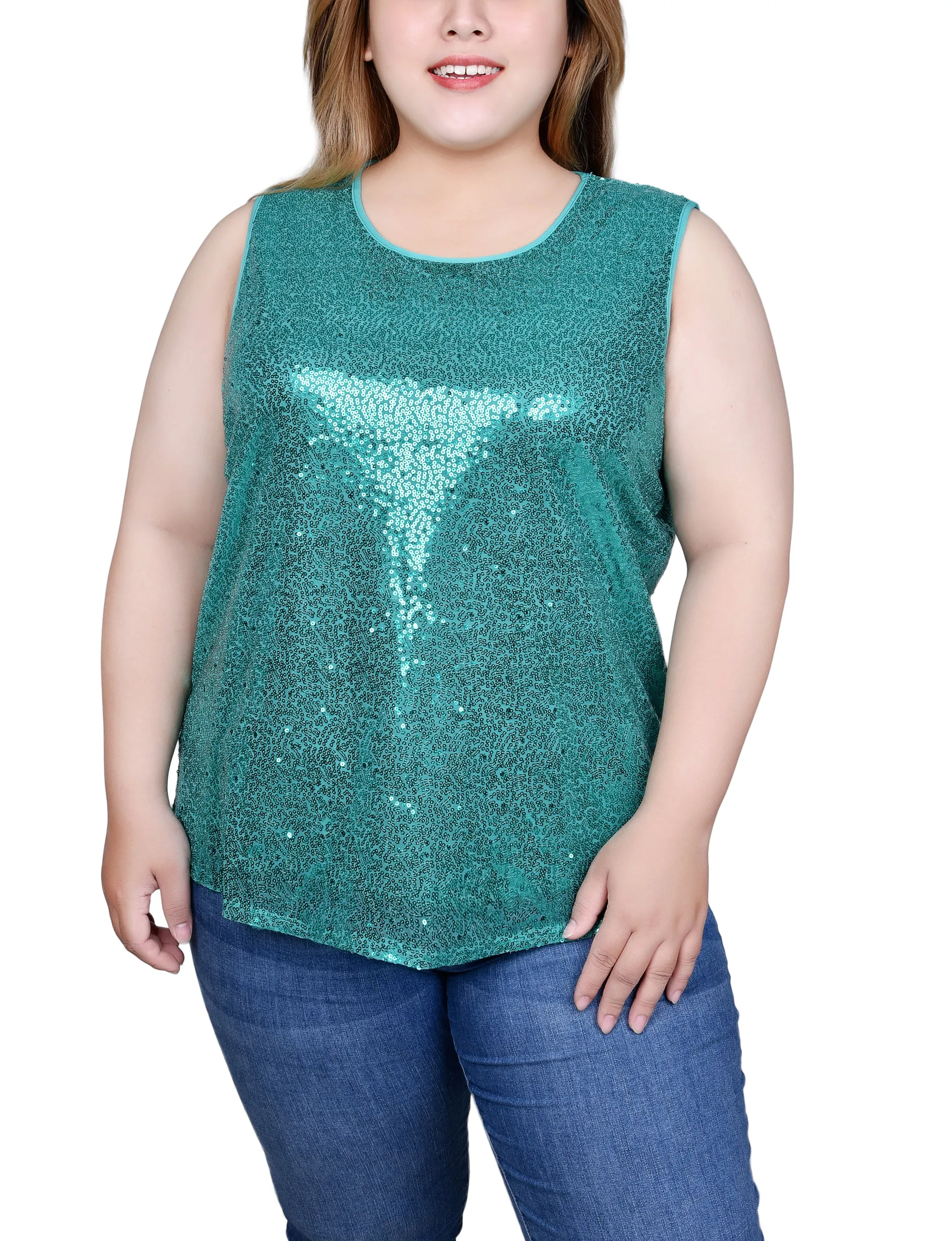 Plus Size Sleeveless Sequined Tank Top With Combo Banding Smart Layer