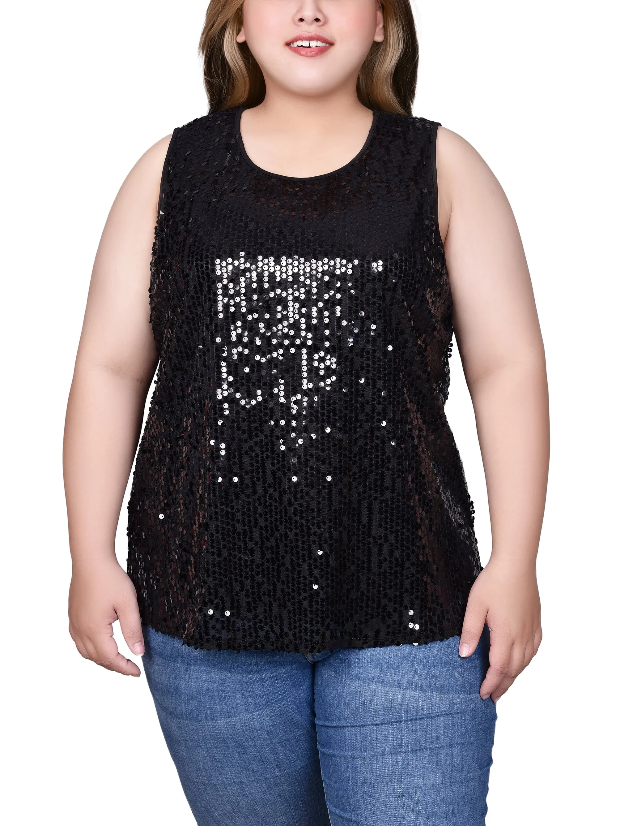 Perfect Style Wear Field Fresh Plus Size Sleeveless Sequined Tank Top With Combo Banding