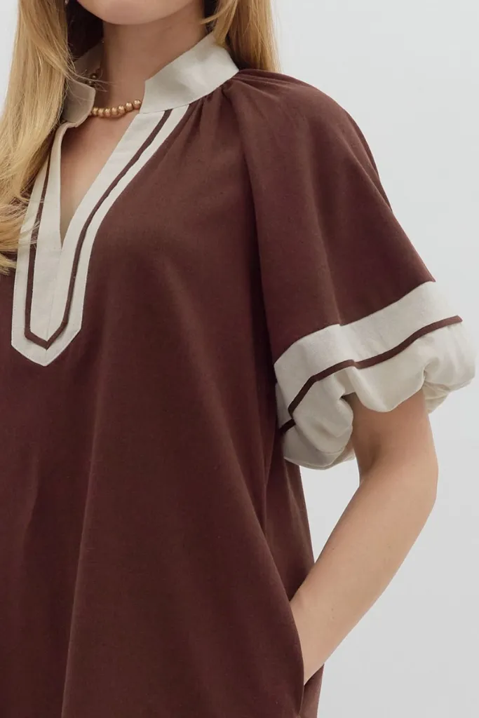 Euro Touch Aster Puff Sleeve Mini Dress in Chocolate
