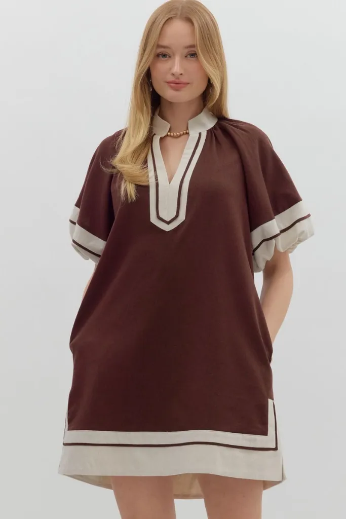 Aster Puff Sleeve Mini Dress in Chocolate slim fit Matte-finish
