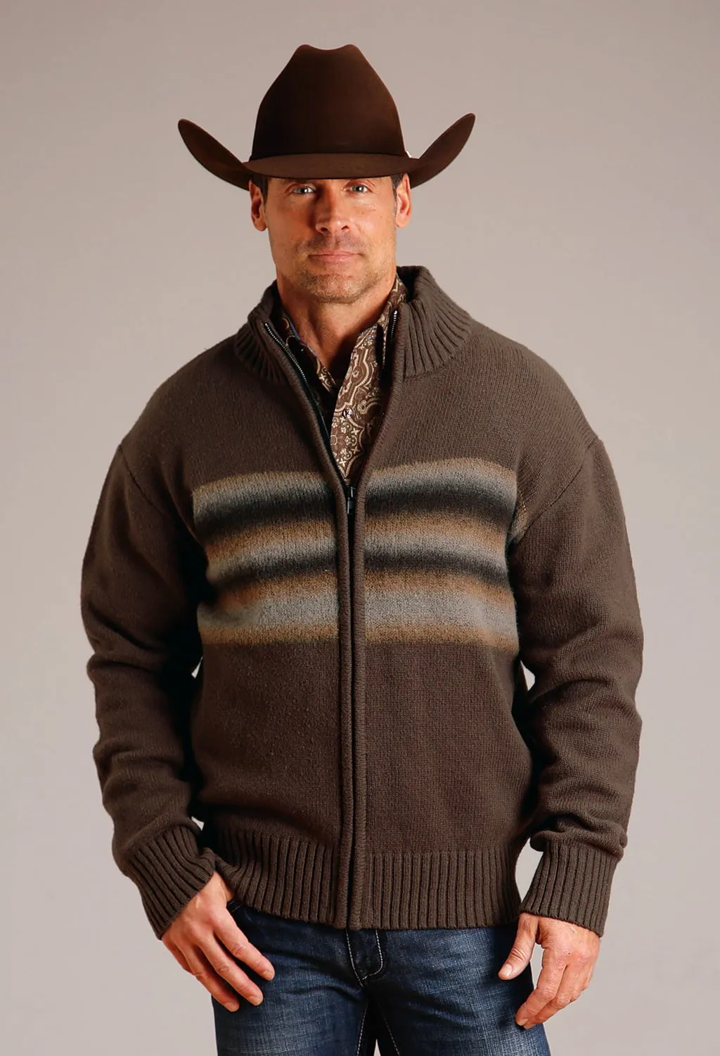 Tagless Design Breathable mesh Stetson Mens Ombre Border Stripe Grey Wool Blend Cardigan Sweater