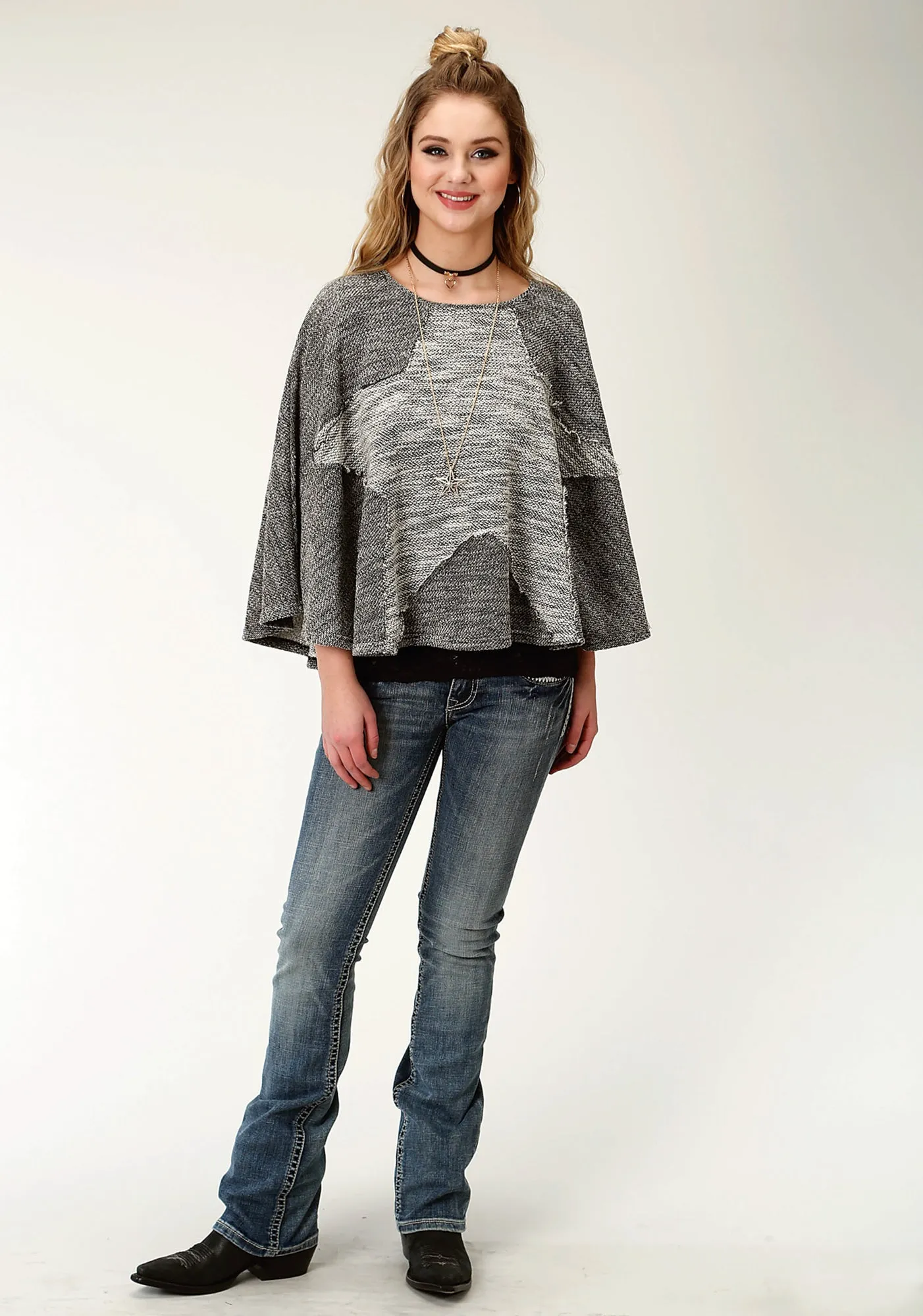 Roper Womens Black/White 100% Cotton Star-Shaped Poncho Natural Style Quick Matchup