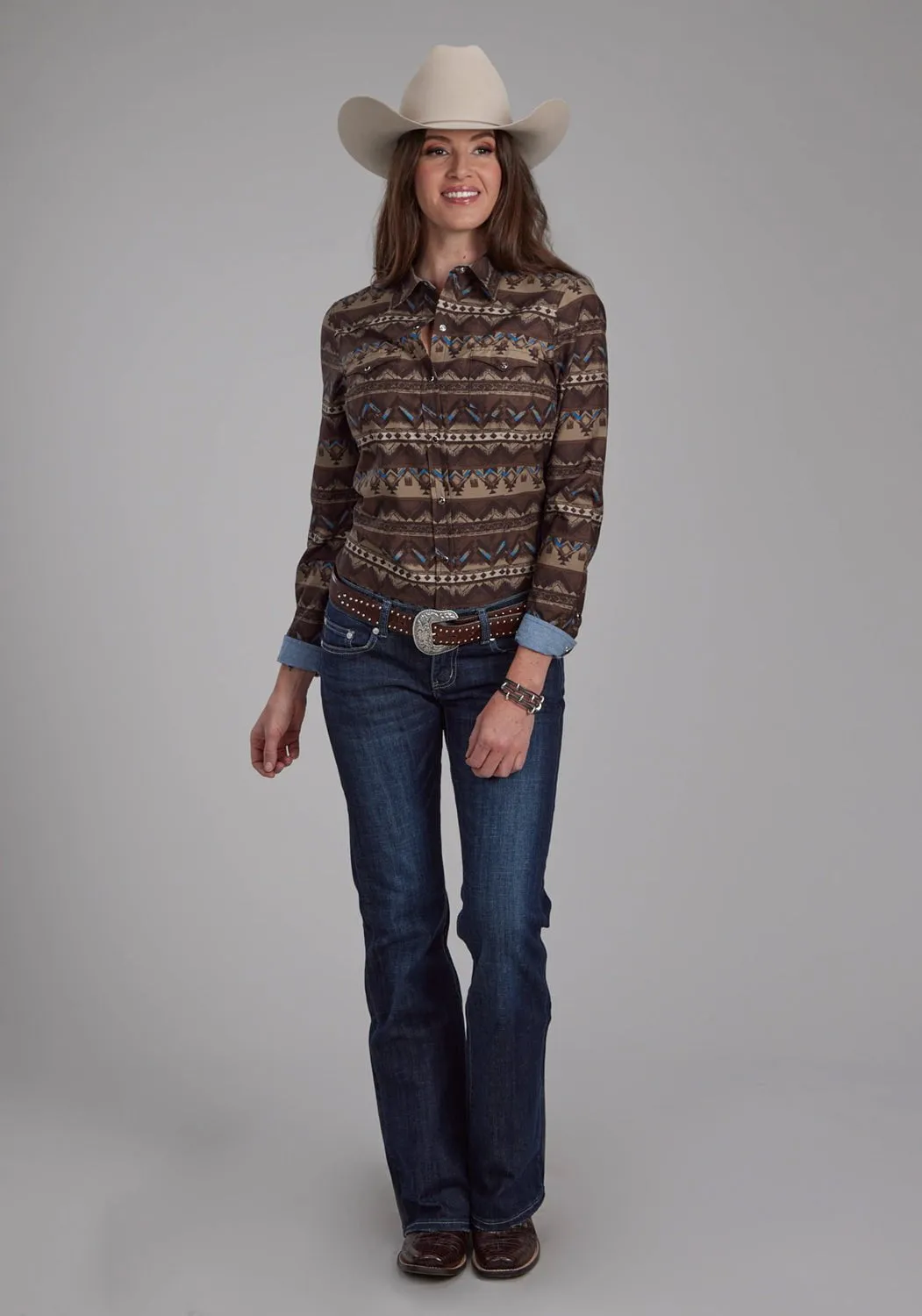 Comfortable Design Roper Womens Distressed Aztec Brown 100% Cotton L/S Shirt