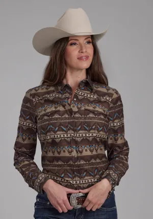 Sleek Comfort Roper Womens Distressed Aztec Brown 100% Cotton L/S Shirt Roper Womens Distressed Aztec Brown 100% Cotton L/S Shirt Flatlock stitching Comfy Layer