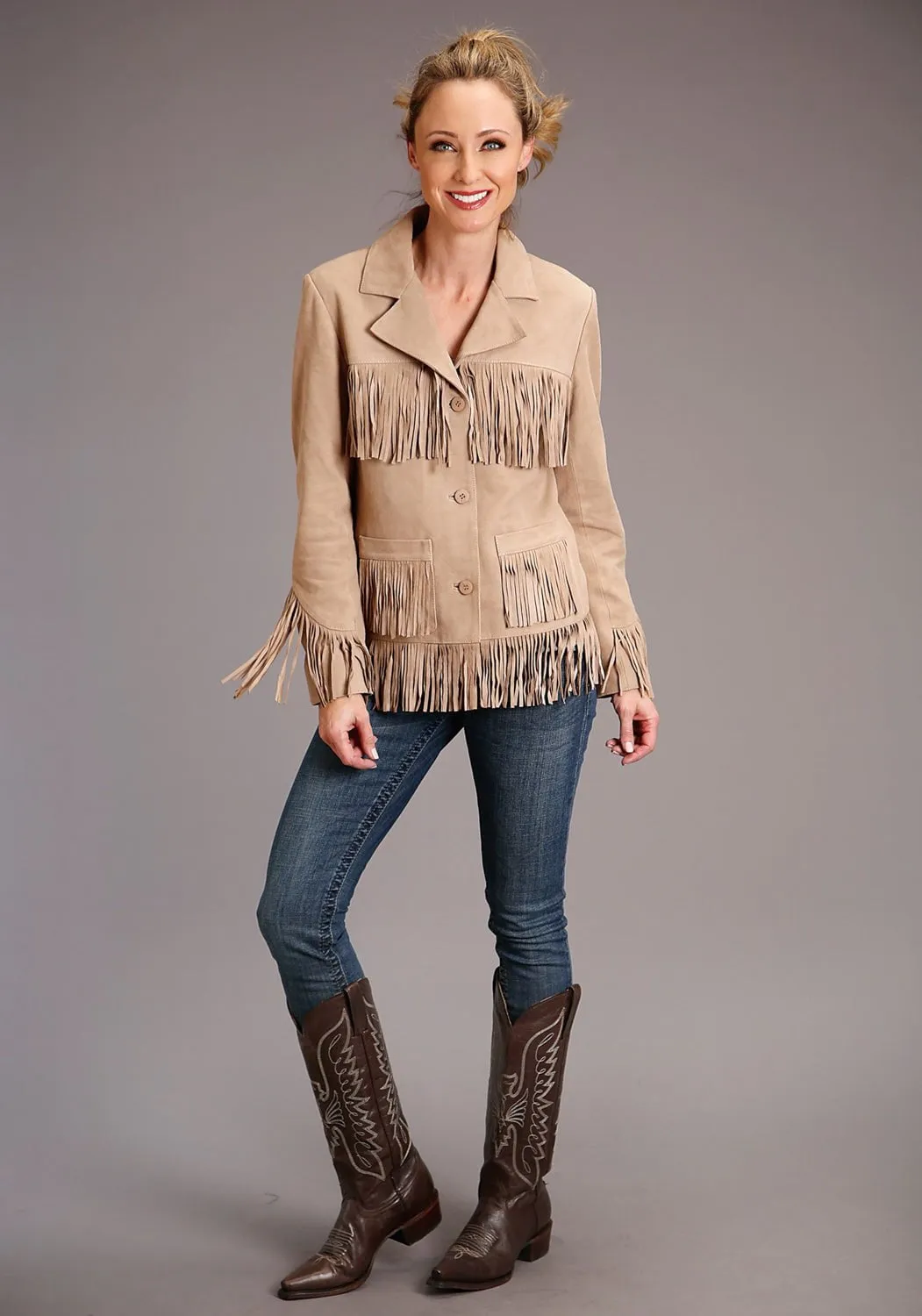 Stetson Womens Tan Leather Iconic Fringe Jacket Fashion Comfort Versatile Waist Design