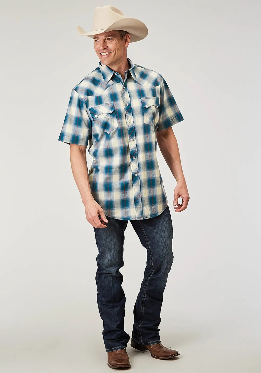 Roper Mens 1892 Arrow Dobby Blue 100% Cotton S/S Shirt Seasonal Wear