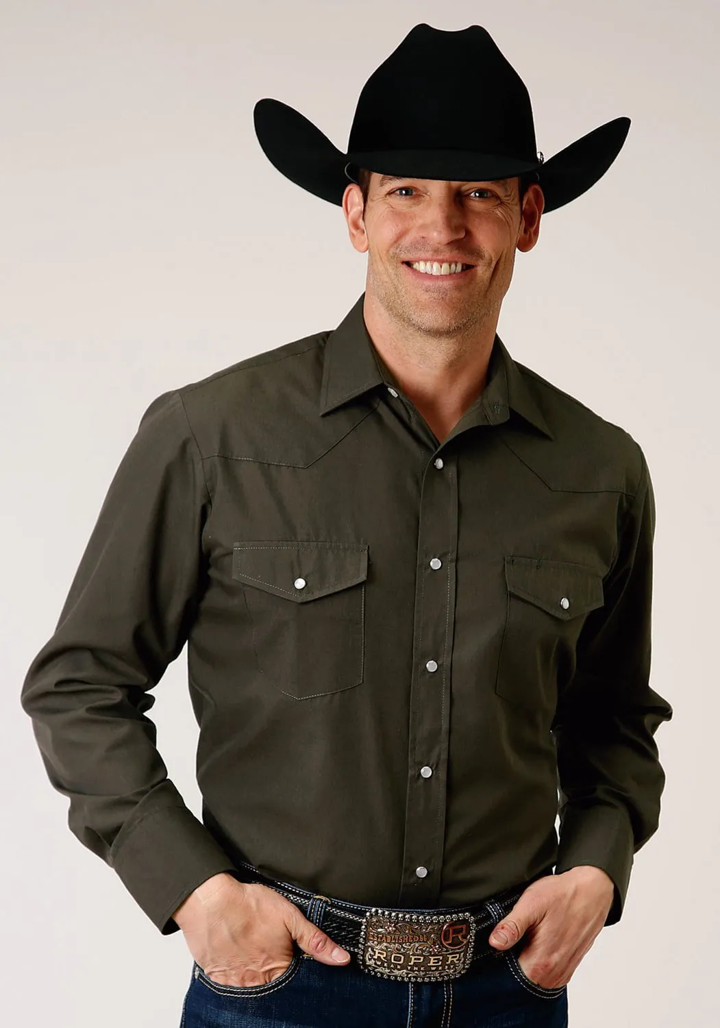 Roper Mens Deep Olive Cotton Blend 55/45 Broadcloth L/S Shirt gender-neutral