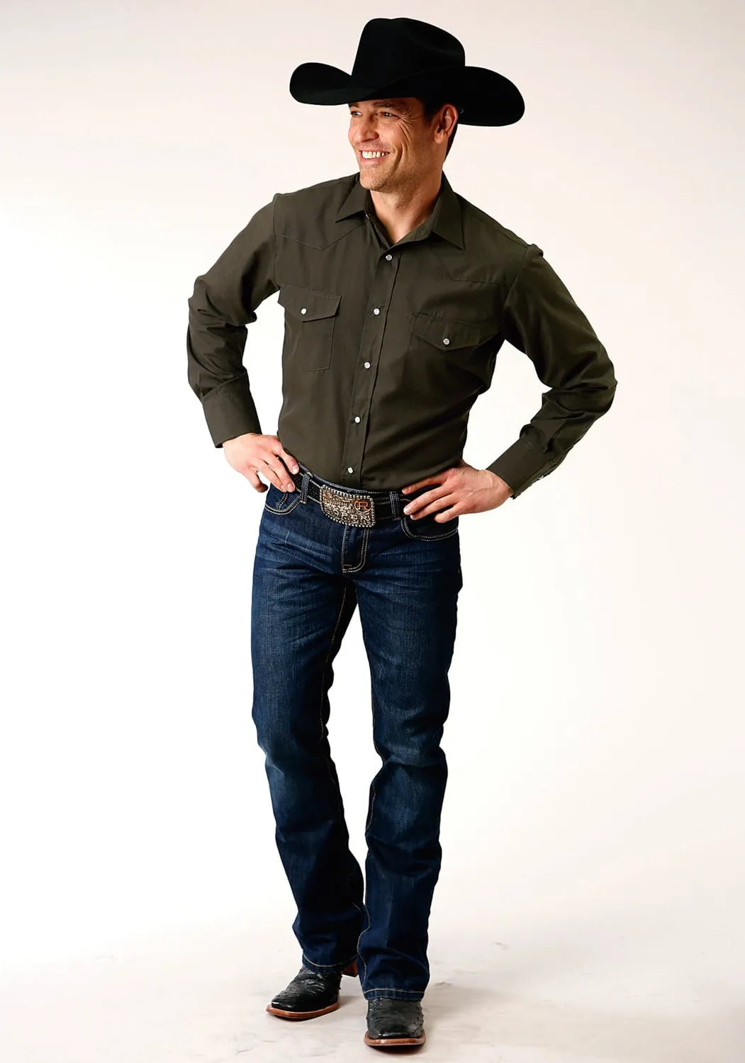 Ruffle Edge Outerwear Companion Roper Mens Deep Olive Cotton Blend 55/45 Broadcloth L/S Shirt