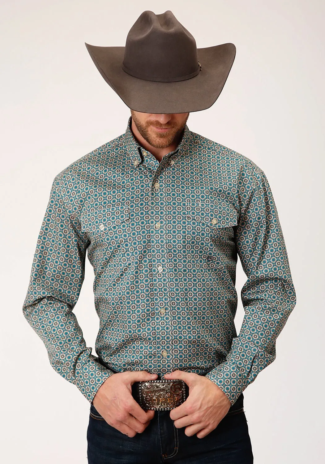 Everyday Layer Trendy Wear Roper Mens Teal 100% Cotton Foulard BD L/S Amarillo Shirt