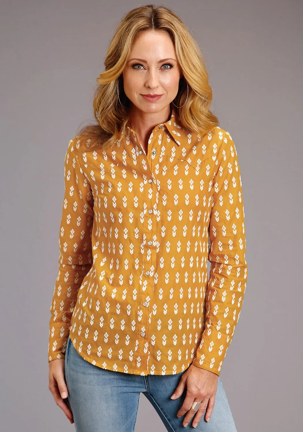 tailored look Premium Outdoor Enthusiast Stetson Womens Yellow 100% Cotton Aztec Schiffli L/S Shirt
