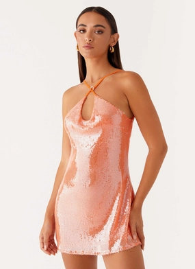 Sleek and Simple Radiant Energy Cowl Back Mini Dress - Orange Radiant Energy Cowl Back Mini Dress - Orange Front Ruffle button detail