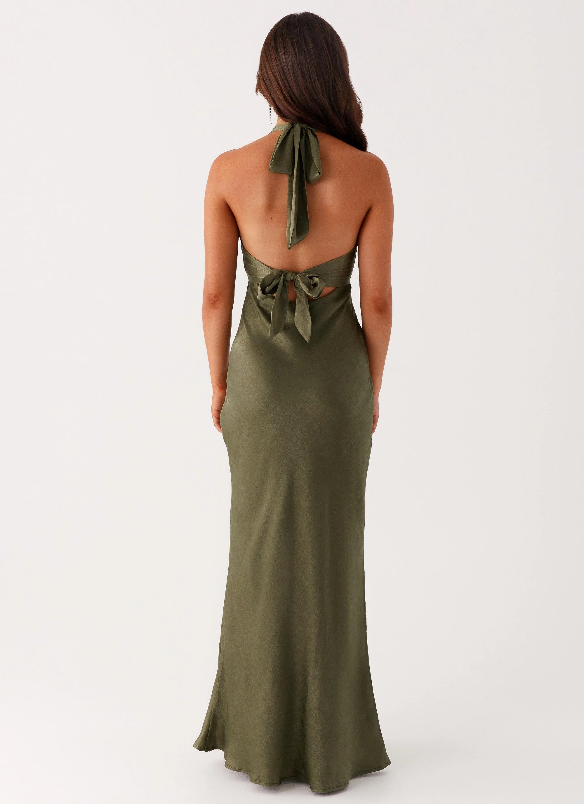 Heavy Hearted Satin Maxi Dress - Khaki Luxe Fit Open-back
