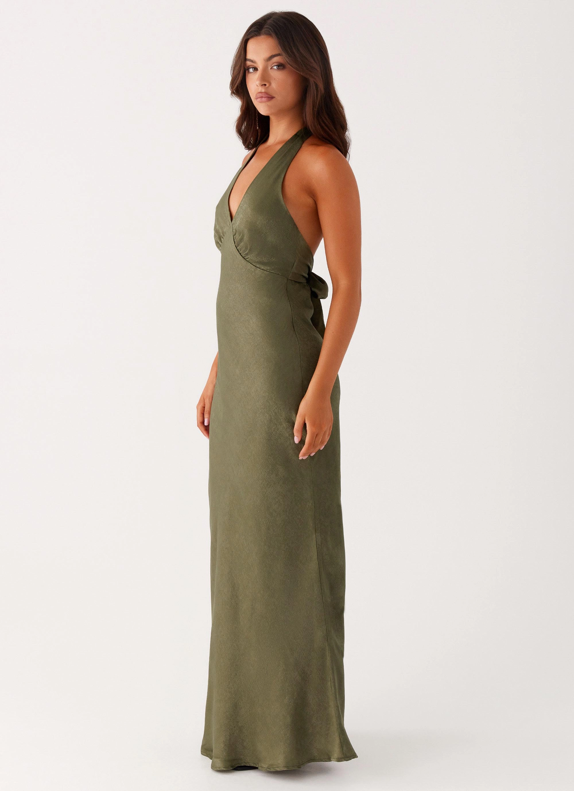 Pleat-Front Heavy Hearted Satin Maxi Dress - Khaki