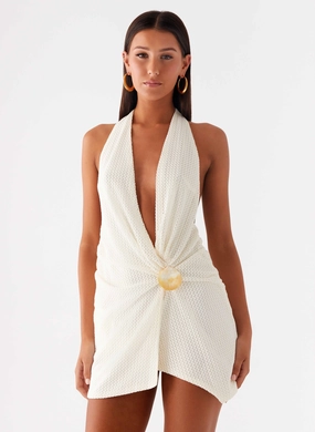 Sleek Fit Eleanora Plunge Mini Dress - Ivory Eleanora Plunge Mini Dress - Ivory Lace-Sleeve Glam Touch