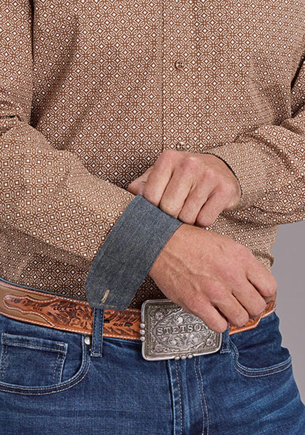 Stetson Mens 2516 Spice Mosaic Brown 100% Cotton 1 Pkt L/S Shirt Tagless label Textured Finish