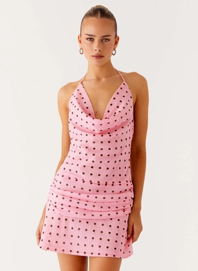 Sleek Vibe Cyna Cowl Mini Dress - Strawberry Dot Cyna Cowl Mini Dress - Strawberry Dot Garden Scene