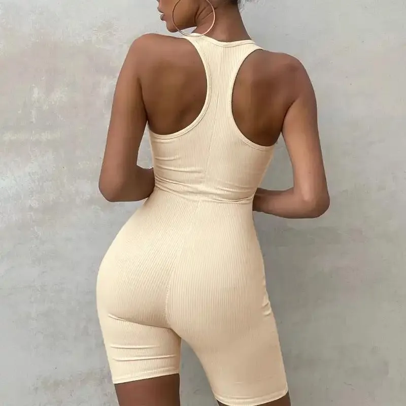 Sleeveless Backless Jumpsuit Colid Color Fitness Sports Yoga Leggings Shorts Bodysuits Women Slim Yoga One Piece Rompers