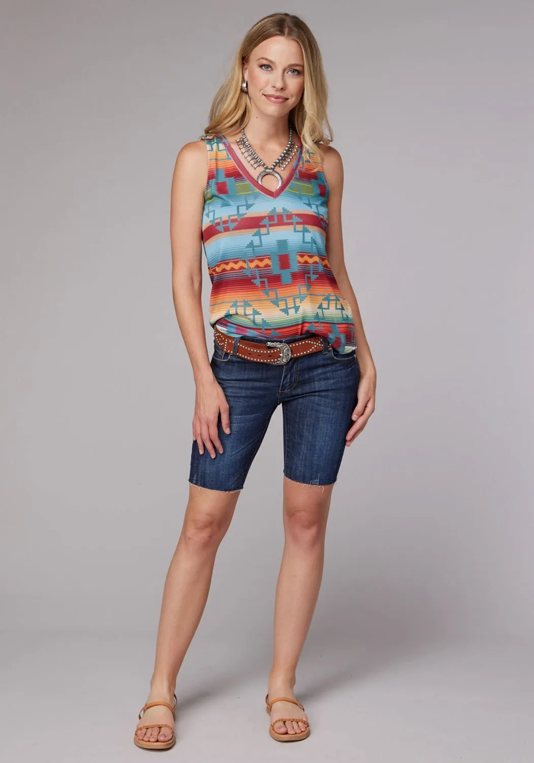 Tagless Design Winter Fashion Roper Womens 2079 V-Neck Southwest Multi-Color Poly/Spandex S/L Tank Top