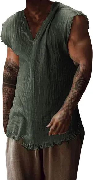 Sleeveless Tank Tops for Men Summer Workout Linen Vintage Gym Sports Fitness Bodybuilding Athletic-Fit T Shirts Vests