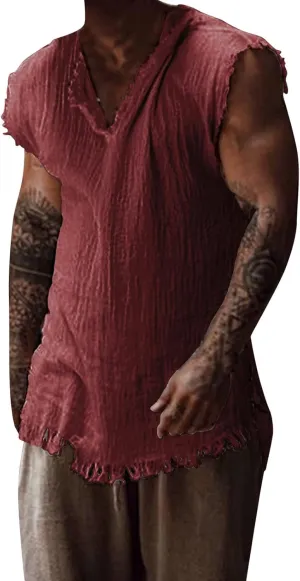 Sleeveless Tank Tops for Men Summer Workout Linen Vintage Gym Sports Fitness Bodybuilding Athletic-Fit T Shirts Vests