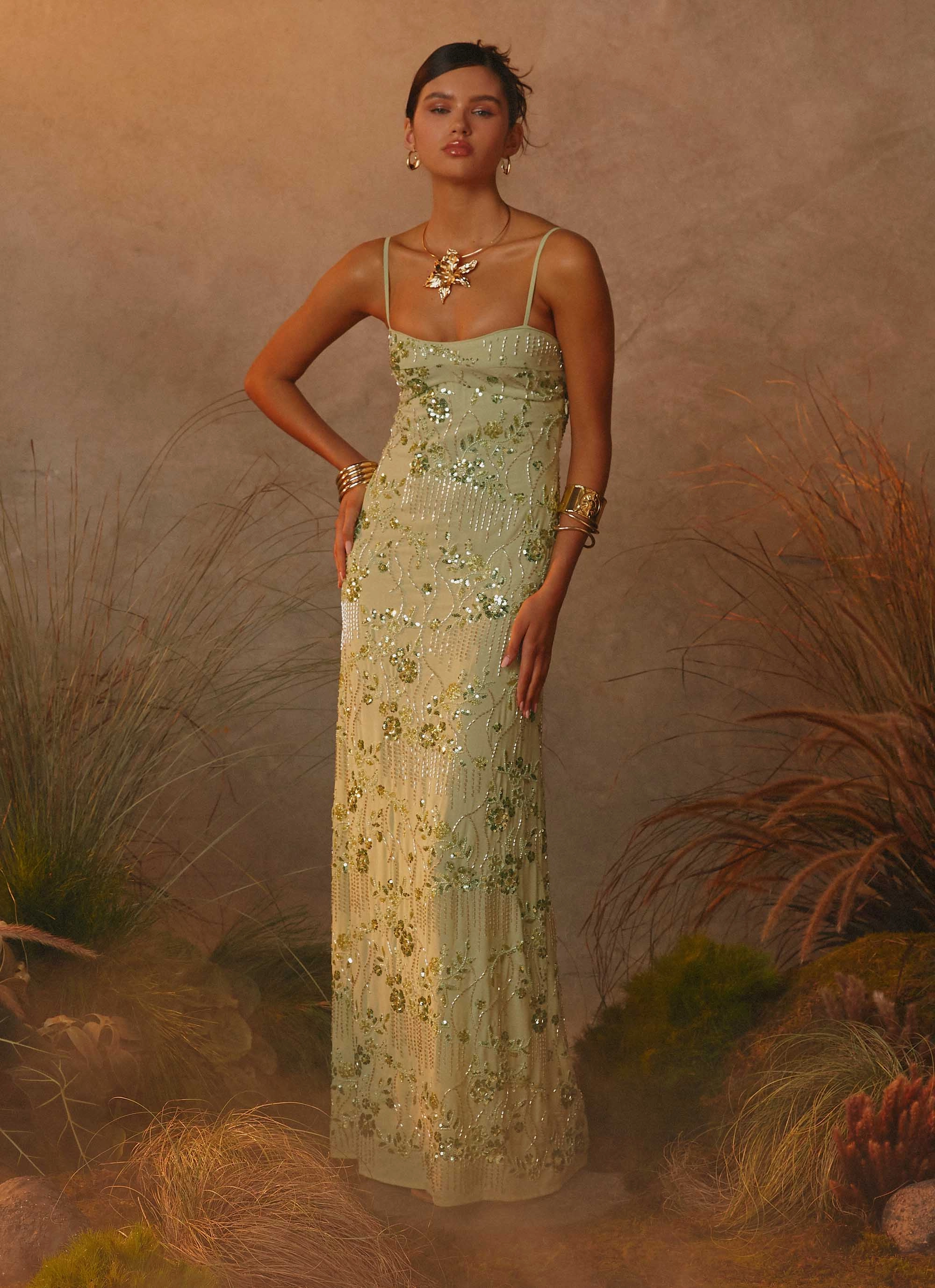 Celandine Beaded Maxi Dress - Lime Minimalist Waistband