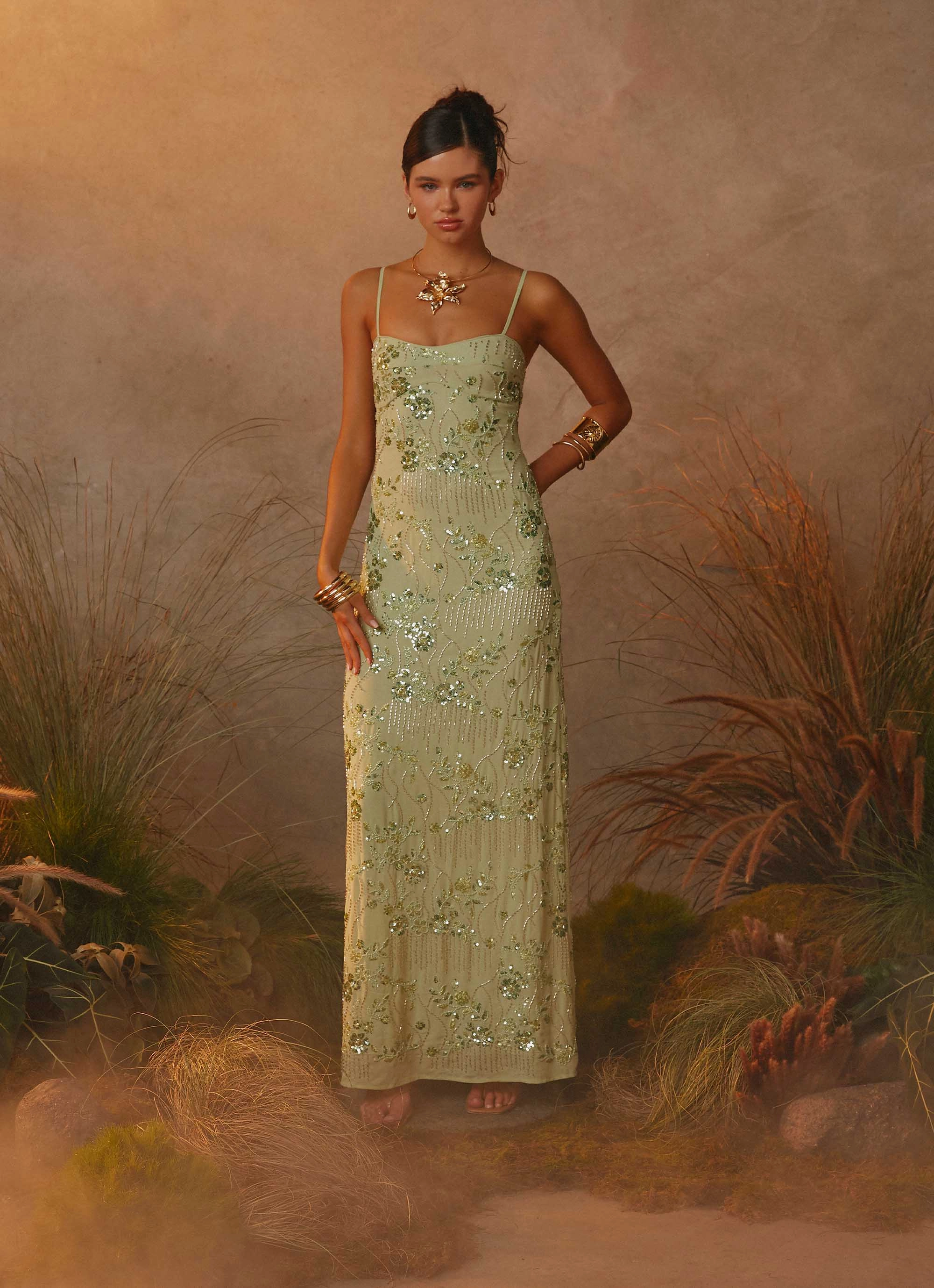 Sporty Look Celandine Beaded Maxi Dress - Lime