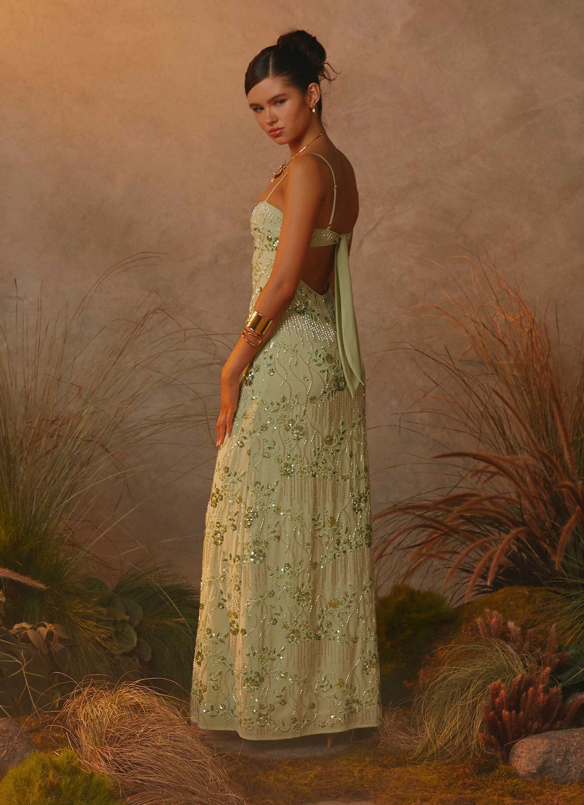 Feminine Energy Celandine Beaded Maxi Dress - Lime